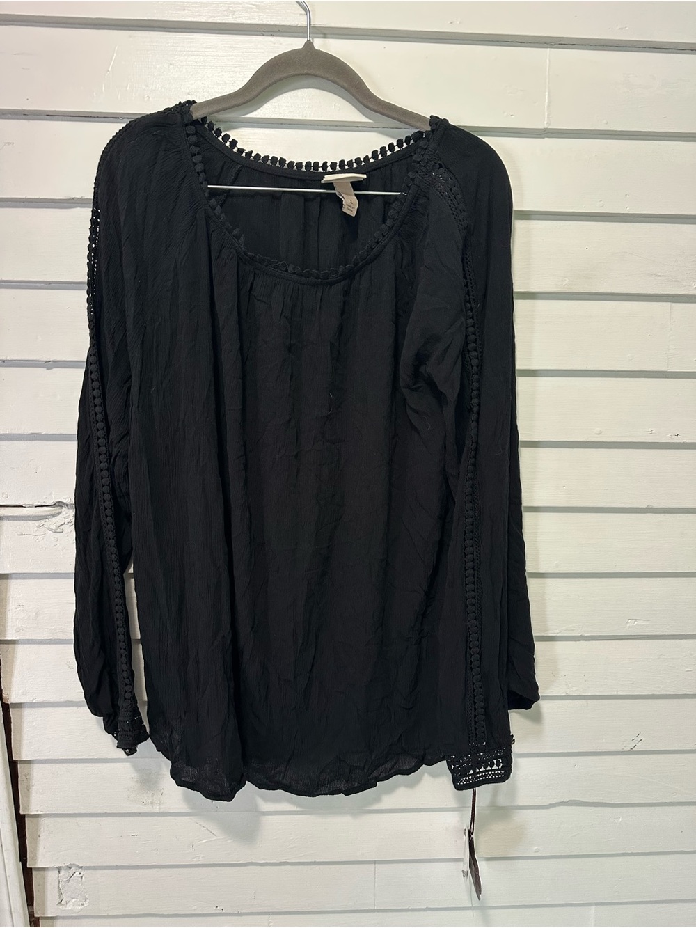 Black Crochet-Trim Long Sleeve Women's Top Knox rose size L NWT